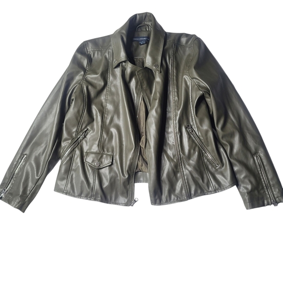 French Connection Moto Green Faux Leather Jacket LARGE - Picture 1 of 6